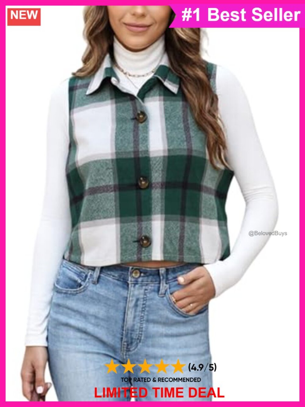 Cropped Plaid Wool Blend Vest Button Down Sleeveless Shirt Jacket